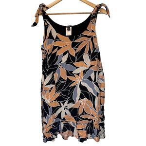 Tribal A-line Floral Print Sleeveless Tie Tank Dress with Ruffle Hem Large Beach